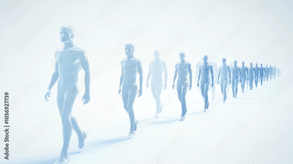 A futuristic scene depicting a line of humanoid figures walking through a bright, ethereal environment. A futuristic scene depicting a line of humanoid figures walking through a bright, ethereal environment.