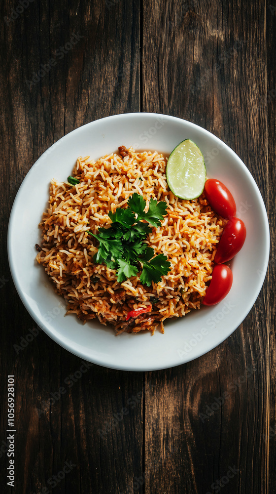 Delicious bowl of spicy fried rice is served on a rustic wooden table, topped with fresh herbs and vegetables Delicious bowl of spicy fried rice is served on a rustic wooden table, topped with fresh herbs and vegetables