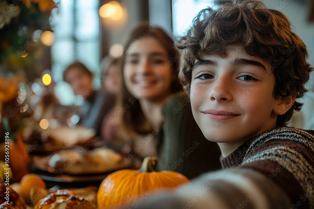 Happy bug full family celebrating thanksgiving together having best bonding time, Generative AI