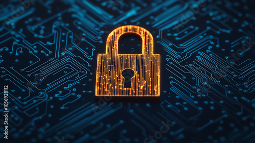 Wallpaper Mural Golden digital padlock on a blue circuit board background, symbolizing security and data protection in the digital age. Torontodigital.ca