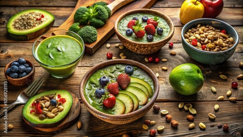 Healthy Vegan Breakfast Spread Top-Down View - Silhouette Photography of Smoothie Bowls, Fresh Fruits, Avocado Toast, Nuts, Seeds, and Green Juice on Rustic Wooden Table