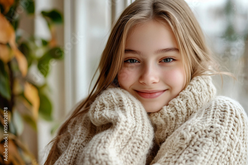 Happy cute girl enjoying cozy winter time weekend morning generative AI