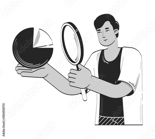 Data analyst magnifying glass doodle line illustration concept. Indian man with loupe holding chart. Strategy planning statistician 2D outline character isolated. Hand drawn ink drawing monochrome