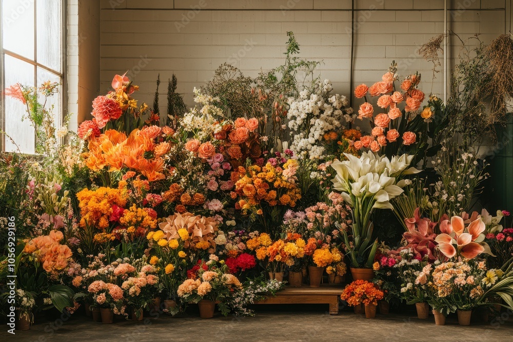 A large room filled with a variety of flowers in pots A large room filled with a variety of flowers in pots