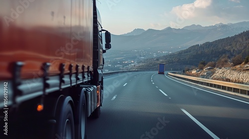 Cargo truck equipped with smart logistics solutions, traveling on a highway with real-time tracking displayed on the dashboard