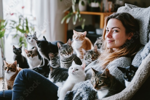 happy young woman surrounded by multiple cats in cozy modern living room, portrait of cat lover