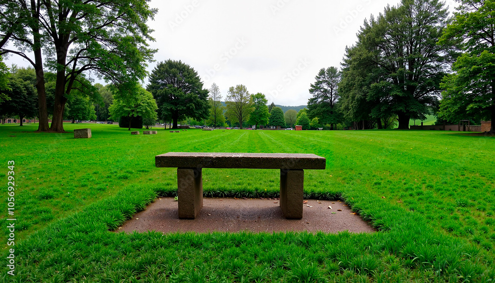 Stone bench in a lush green park surrounded by trees and grass Stone bench in a lush green park surrounded by trees and grass