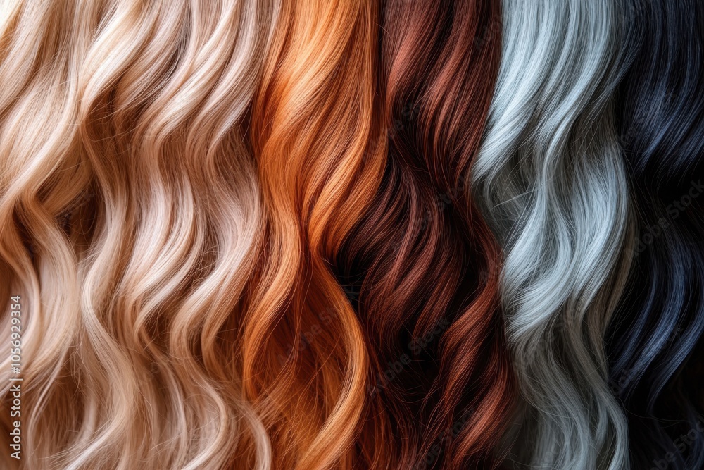 collection of wavy hair in diverse colors from natural to balayage, blonde, copper, auburn, and ash gray tones showcasing modern hairstyle trends collection of wavy hair in diverse colors from natural to balayage, blonde, copper, auburn, and ash gray tones showcasing modern hairstyle trends