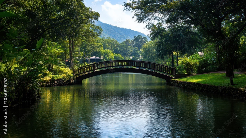 Fototapeta premium Charming riverside waterfront with a picturesque bridge surrounded by lush greenery and tranquil waters.
