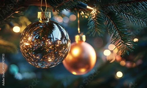Wallpaper Mural Close-up of delicate glass Christmas ornaments hanging on a fir tree branch, reflecting the soft glow of fairy lights. Torontodigital.ca