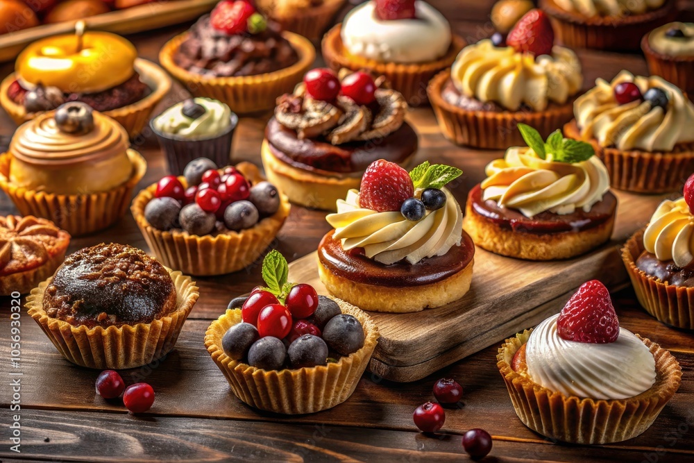 Low Light Photography of a Collection of Pastries and Desserts - Cupcakes, Tarts, and Pies in a Cozy Atmosphere for a Culinary Delight Low Light Photography of a Collection of Pastries and Desserts - Cupcakes, Tarts, and Pies in a Cozy Atmosphere for a Culinary Delight