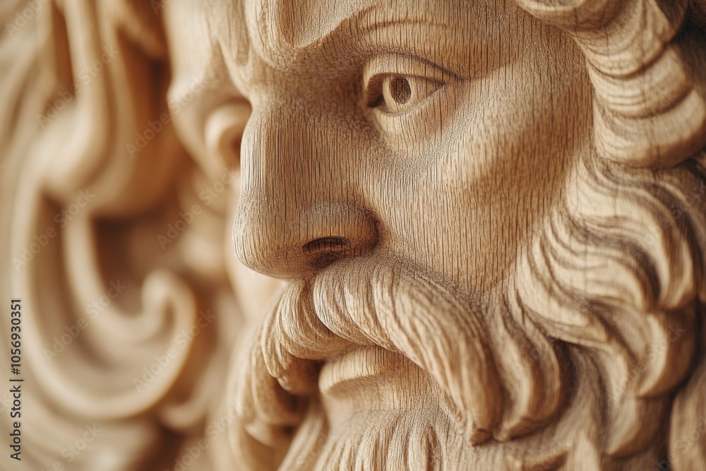 Intricate wooden sculpture of zeus: detailed carving with classic features and expression Intricate wooden sculpture of zeus: detailed carving with classic features and expression