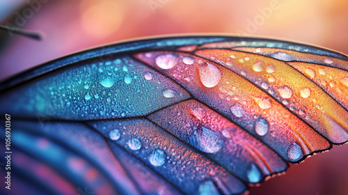 wide landscape macro closeup photo of colorful butterfly wing with water drops on it 