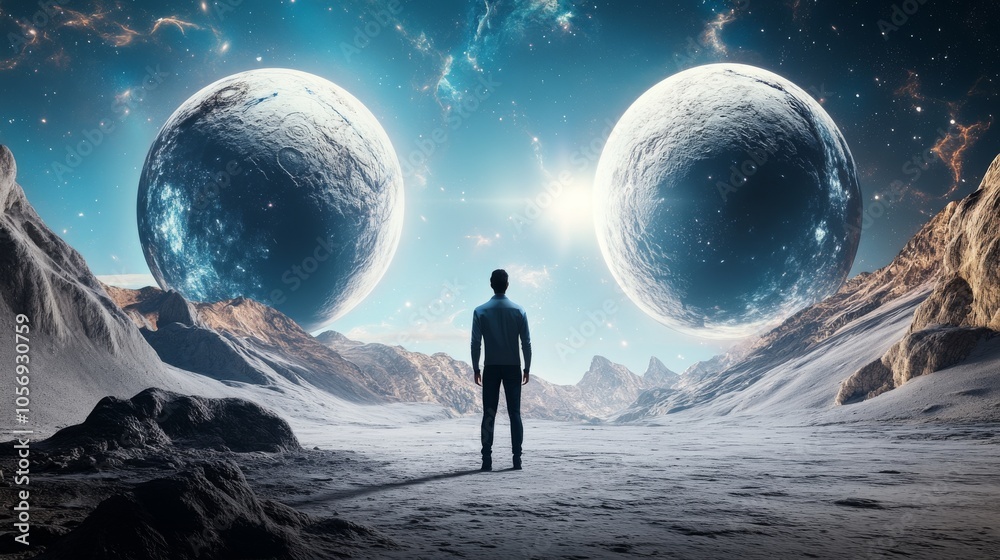 A lone figure stands on an alien landscape, gazing at two planets in a stunning cosmic scene filled with stars and wonder. A lone figure stands on an alien landscape, gazing at two planets in a stunning cosmic scene filled with stars and wonder.