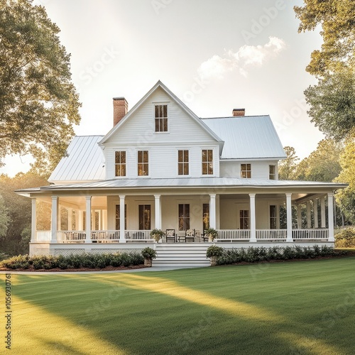 Large white southern house with a wrap around porch and green grass