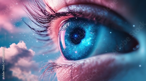 A giant, surreal eye, formed by swirling galaxies and nebulae, gazing out at the cosmos, its vision encompassing the universe secrets and mysteries.