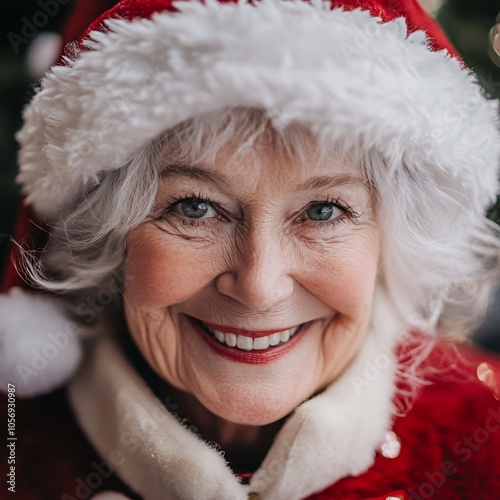 Close-Up of Smiling Elderly Woman Dressed as Santa with Silver Hair and Festive Hat, Exuding Warmth and Kindness photo