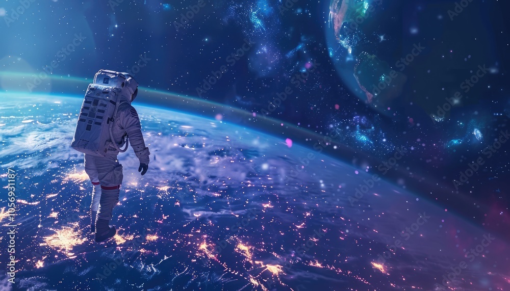 Obraz premium Astronaut Gazing at Earth from Space with City Lights and Stars