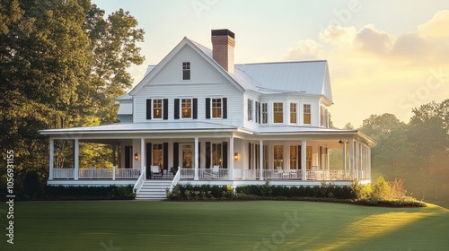 Large white southern house with a wrap around porch and green grass photo