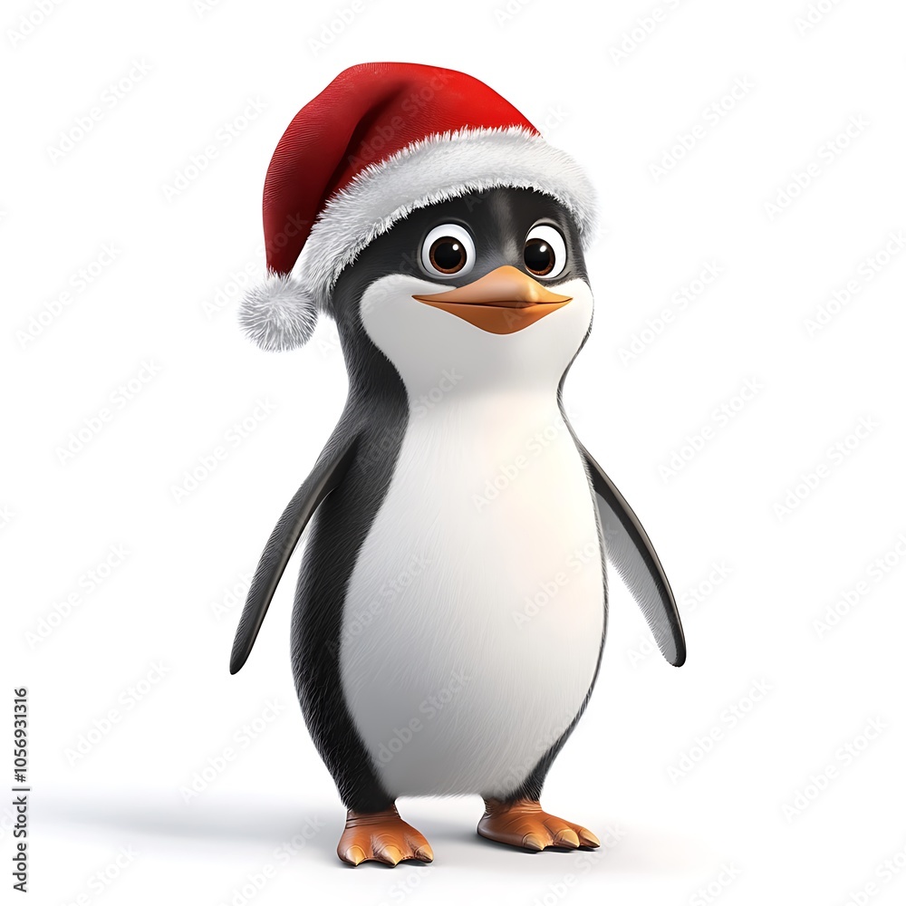 Fototapeta premium A cute cartoon penguin wearing a Santa hat on a white background.
