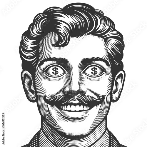 man with excited expression and dollar signs in his eyes, symbolizing greed or financial ambition sketch engraving generative ai vector illustration. Scratch board imitation. Black and white image.