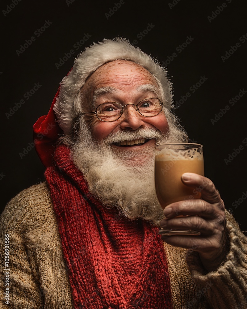 Cheerful Elderly Santa Raising Glass of Eggnog in Celebration, Wearing Bright Red Scarf Cheerful Elderly Santa Raising Glass of Eggnog in Celebration, Wearing Bright Red Scarf