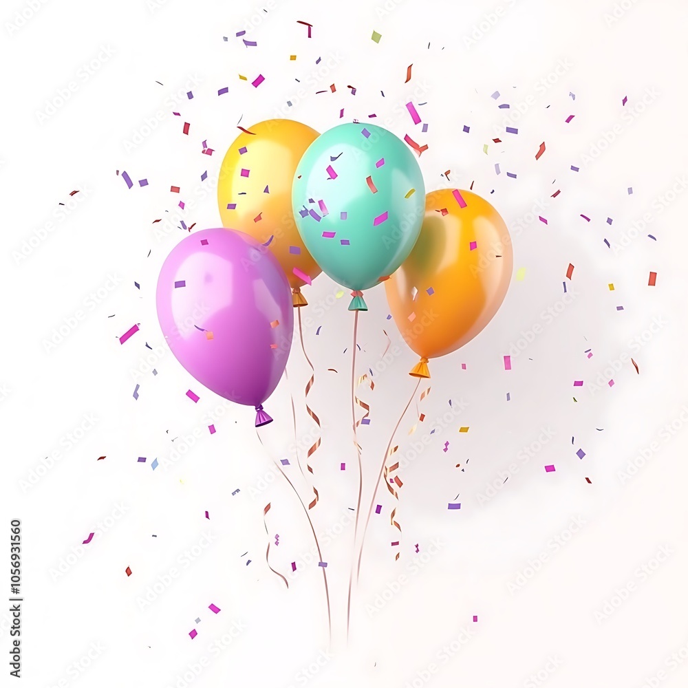 Cartoon party balloons with confetti falling around on a white background. Cartoon party balloons with confetti falling around on a white background.