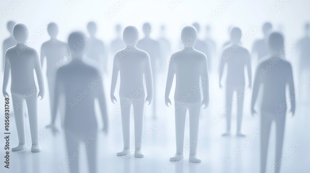 A minimalist representation of abstract human figures in a foggy setting, symbolizing unity, anonymity, and collective presence. A minimalist representation of abstract human figures in a foggy setting, symbolizing unity, anonymity, and collective presence.