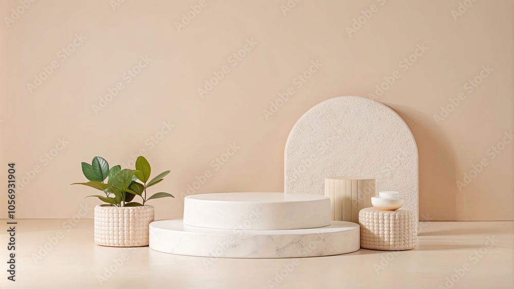 Minimalist product display podium on a soft beige background for advertisement show announcement Minimalist product display podium on a soft beige background for advertisement show announcement