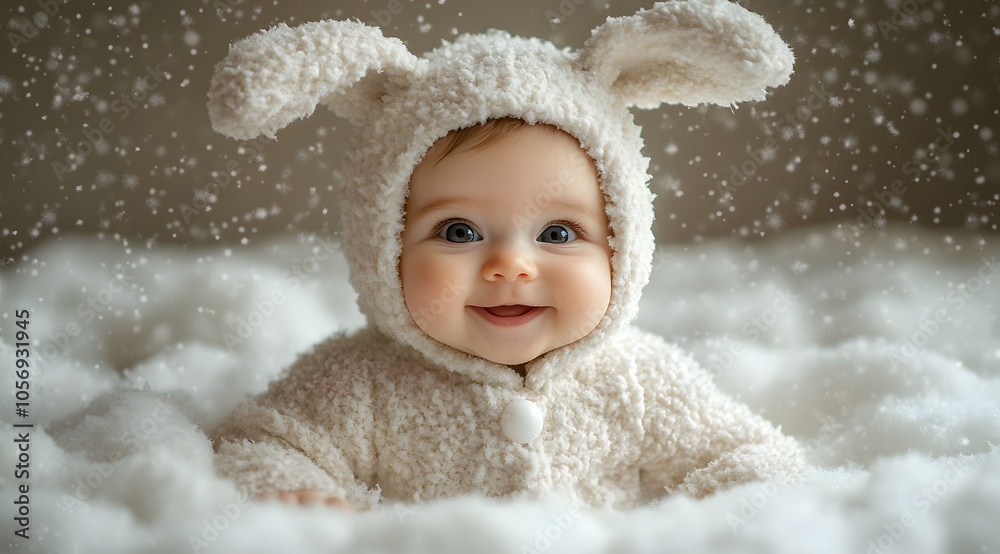 A baby dressed in an adorable bunny outfit smiles brightly, surrounded by a gentle snowfall. A baby dressed in an adorable bunny outfit smiles brightly, surrounded by a gentle snowfall.