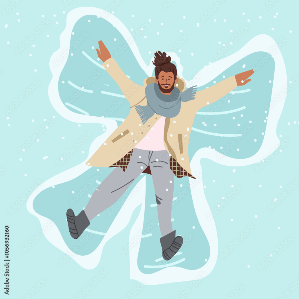 Man lying on a snow and doing angel print on a snow covered land. Aerial, top view. Winter activities. Hand drawn vector illustration. Man lying on a snow and doing angel print on a snow covered land. Aerial, top view. Winter activities. Hand drawn vector illustration.