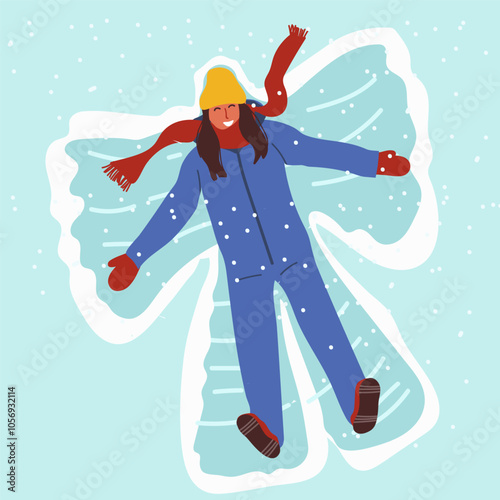 Young woman enjoy first snowfall. Happy girl lying in snow on back and moving arms and legs flat vector. Smiling lady making snow angel hand drawn illustration for winter entertainments concept