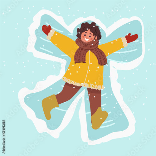 A little boy enjoy first snowfall. Happy boy lying in snow on back and moving arms and legs flat vector. Smiling kid, child making snow angel hand drawn illustration for winter entertainments concept