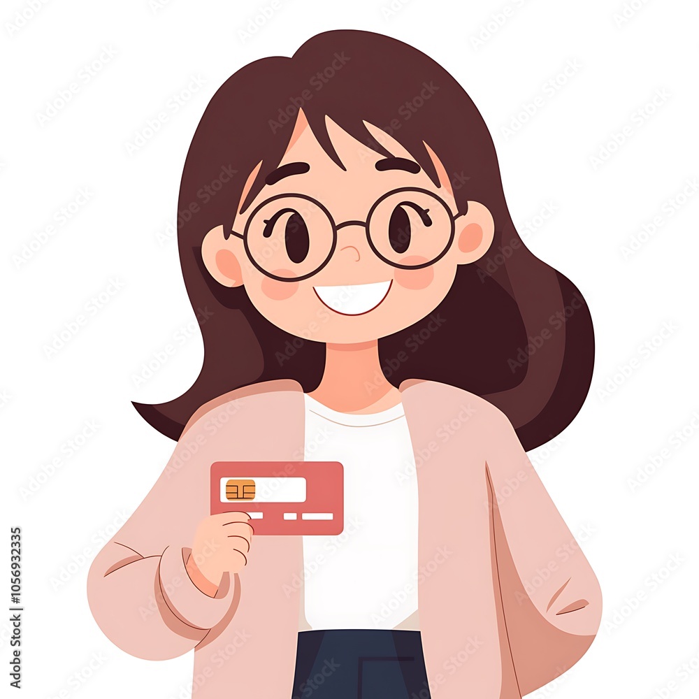 A cartoon woman holding a credit card and smiling on a white background. A cartoon woman holding a credit card and smiling on a white background.