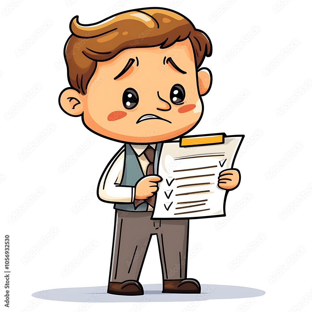 Cartoon employee with a sad face, holding a failed report on a white background. Cartoon employee with a sad face, holding a failed report on a white background.