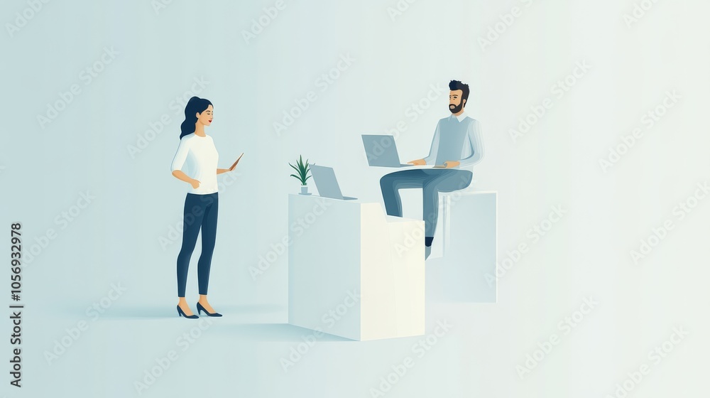 A modern office scene featuring a woman and a man engaged in a conversation while working on laptops at minimalist desks. A modern office scene featuring a woman and a man engaged in a conversation while working on laptops at minimalist desks.