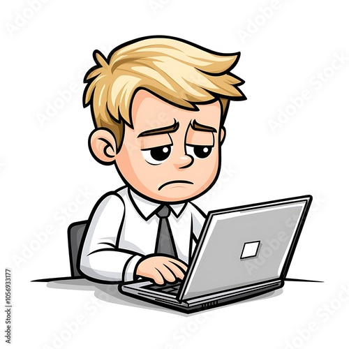 A cartoon office worker sitting at a desk, typing on a laptop with a focused expression on a white background.