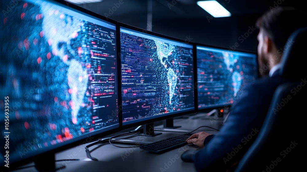 Professional analyzing data on multiple screens in a tech environment Professional analyzing data on multiple screens in a tech environment