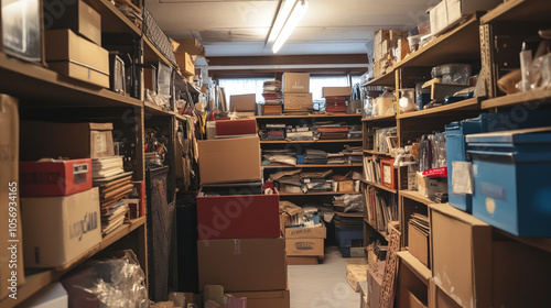 A cluttered storage area filled with stacked boxes and various items, creating a sense of disorganization. photo