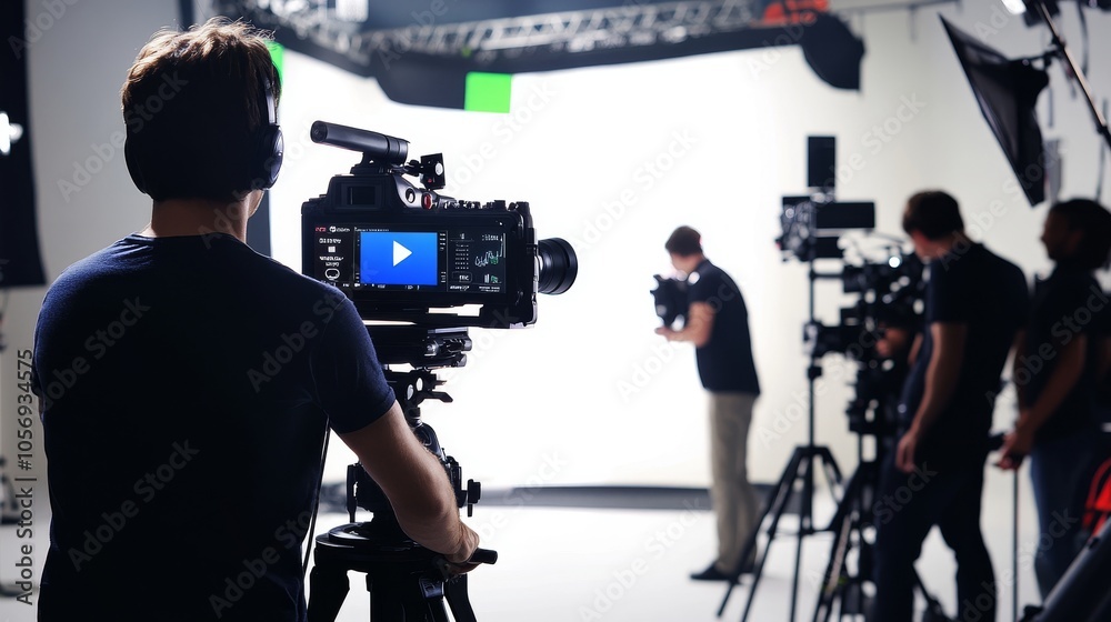 A professional film set with cameras and crew capturing a scene in a studio environment, showcasing modern filmmaking techniques. A professional film set with cameras and crew capturing a scene in a studio environment, showcasing modern filmmaking techniques.