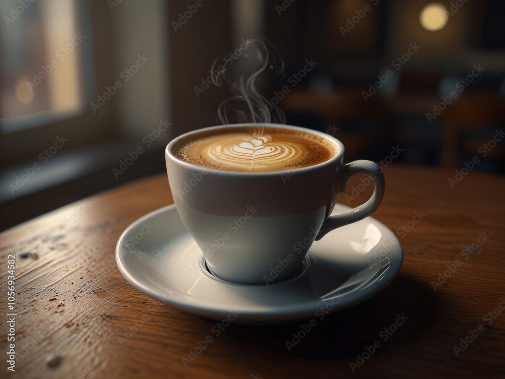 A beautifully crafted latte coffee sits on a saucer, placed on a wooden table by a window with a view of lush green trees. A beautifully crafted latte coffee sits on a saucer, placed on a wooden table by a window with a view of lush green trees.