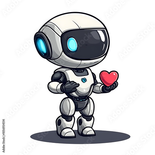 Cartoon robot holding a small heart on a white background.