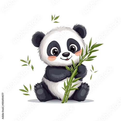 Cartoon baby panda holding bamboo on a white background. photo