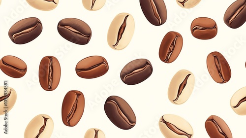 Seamless pattern with coffee beans on white background.