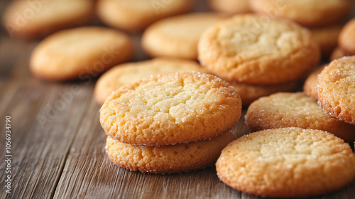 Delicious sugar cookies on wooden table, close-up. Copy space.