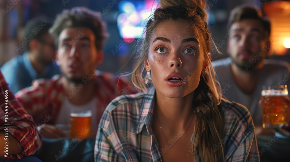 Group of friends watching a football match and drinking beer at night club Group of friends watching a football match and drinking beer at night club