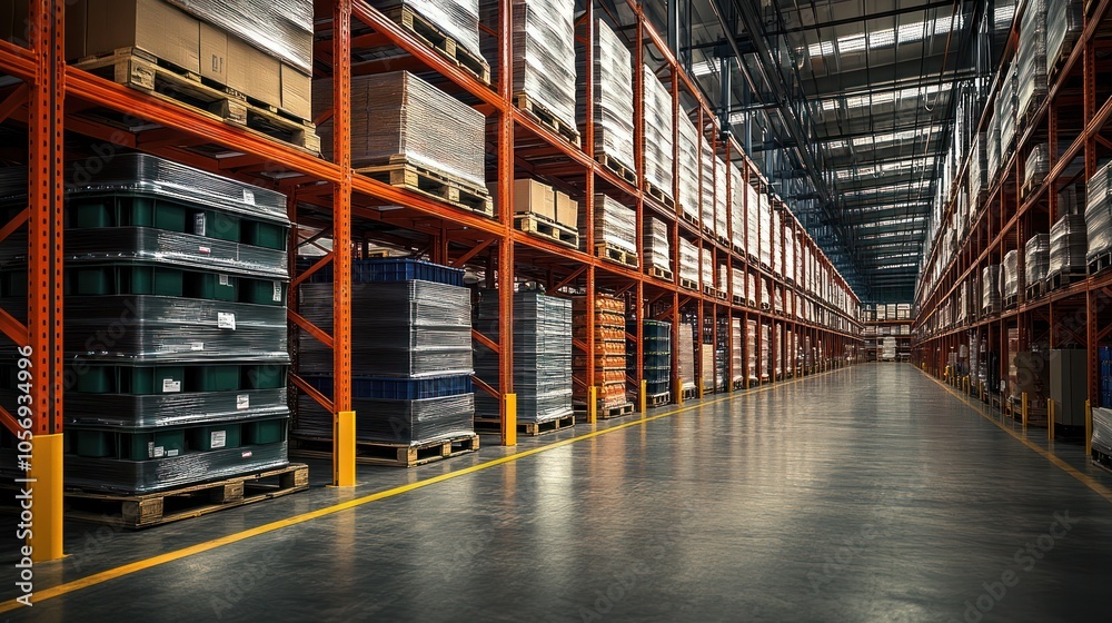 Fototapeta premium A spacious warehouse filled with stacked pallets and organized shelves.