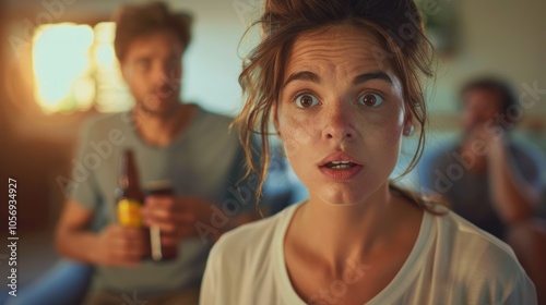 Portrait of a young couple drinking beer while sitting at home.
