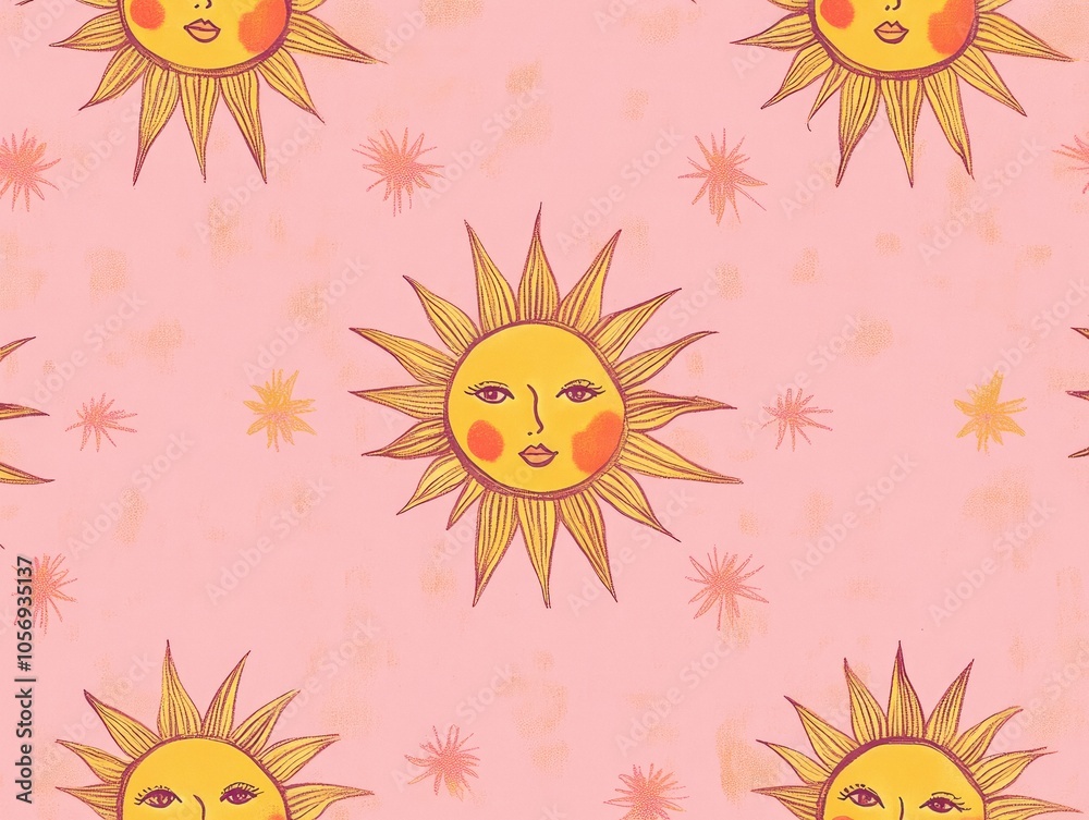 Pattern of the sun with faces on a pink vintage cartoon style background