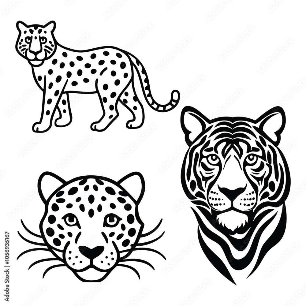 Fototapeta premium Vintage Tiger and Leopard Print Pattern Set – Hand-Drawn Safari Skin Illustrations